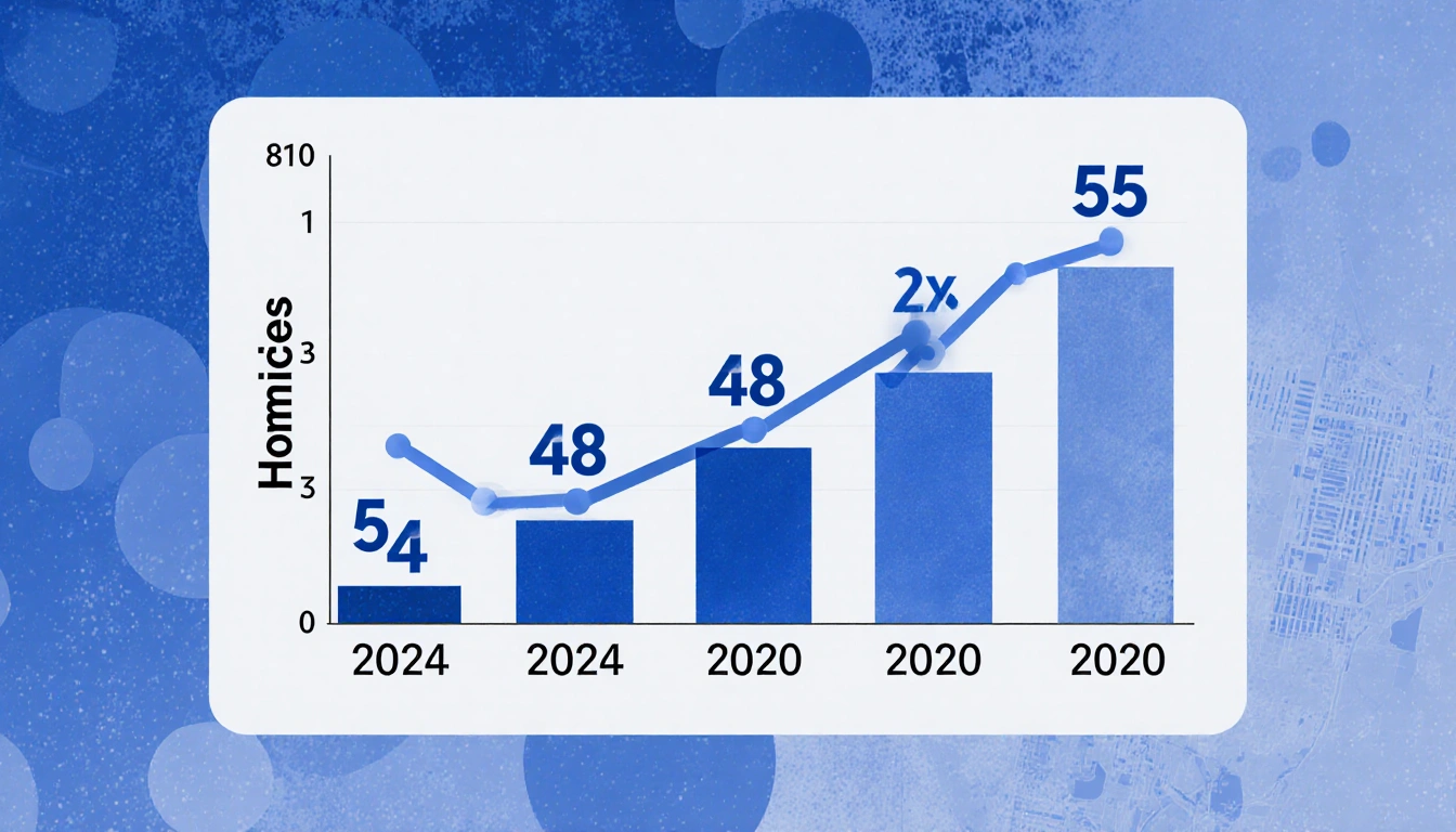 Bar graph showing declining homicide trend in Austin with blue bars and trend line for 2024 and 2020
