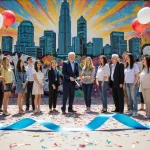 People cutting ribbon with scissors and smiling beside a bright blue ribbon and colorful murals of Austin skyline.