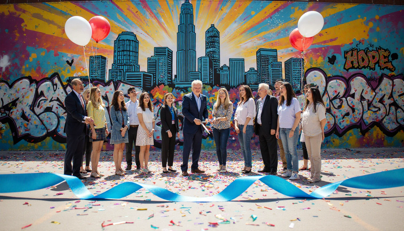 People cutting ribbon with scissors and smiling beside a bright blue ribbon and colorful murals of Austin skyline.