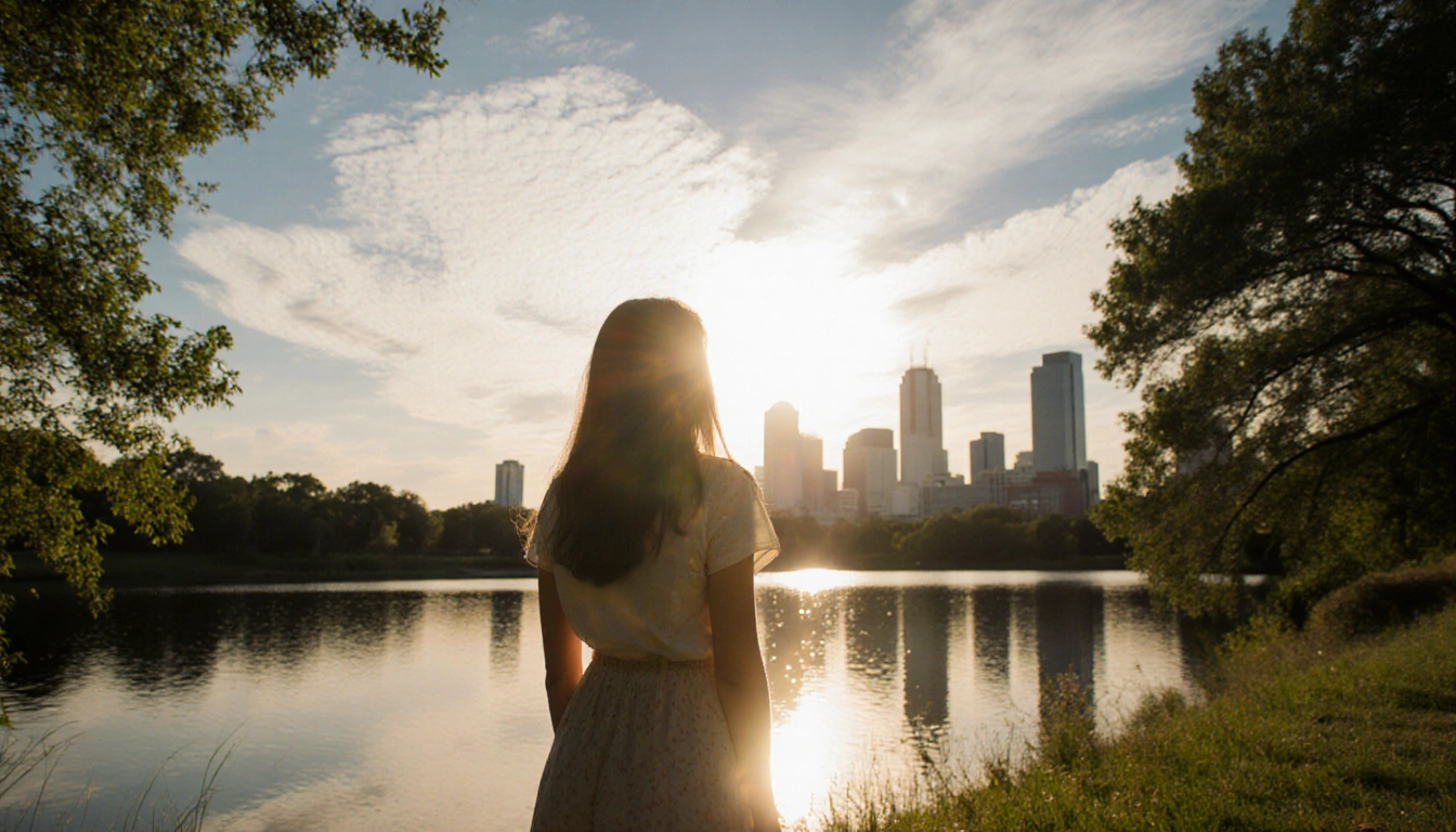 Woman standing on Lady Bird Lake in Austin gazing at sunrise with golden sky reflecting on calm water