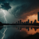 Lake Travis reflecting Austin skyline with storm cloud illuminated by lightning and thermometer reading 99°F