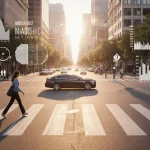 Driver turning left-turn at a clear intersection with a pedestrian crossing and safety data charts in background