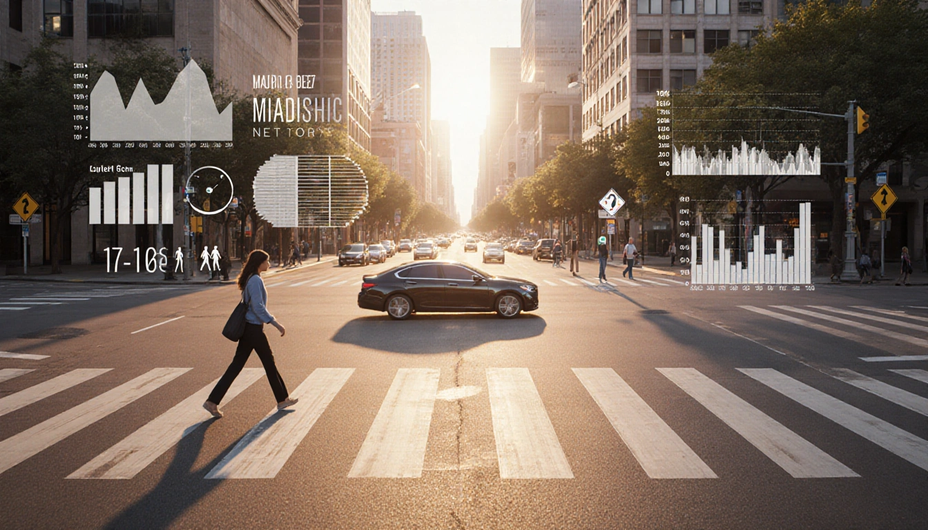 Driver turning left-turn at a clear intersection with a pedestrian crossing and safety data charts in background