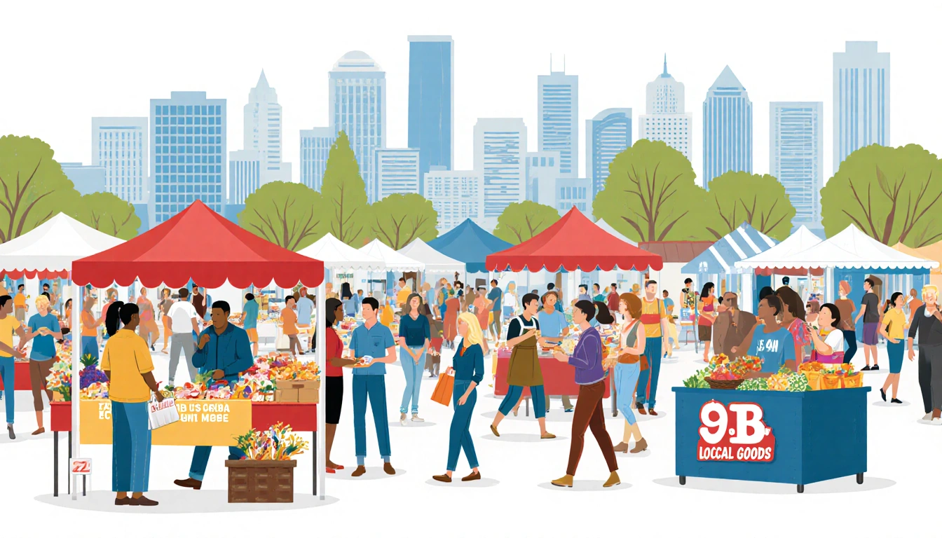Woman vendor arranging fruit with shoppers and skyline backdrop showing Austin market commerce and $6.2M wages $9M goods.