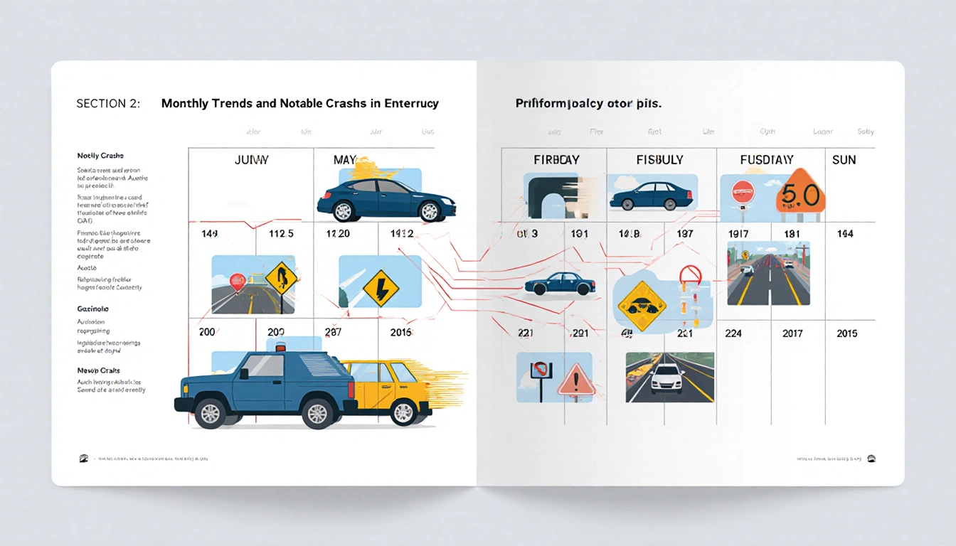 Calendar illustrating monthly fatal crashes in Austin with overlapping car icons and motion lines showing chaotic accidents
