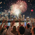 People raising arms high in celebration with fireworks over Austin skyline and confetti swirling