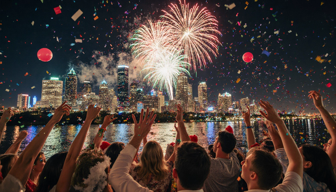 People raising arms high in celebration with fireworks over Austin skyline and confetti swirling