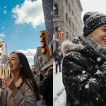 Young couple sipping champagne and laughing with 85°F and Austin skyline New Year