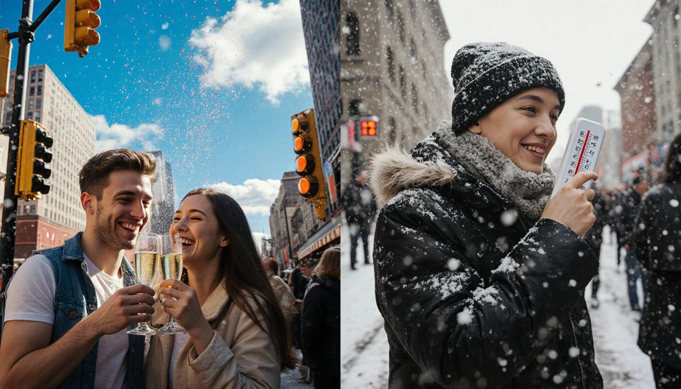 Young couple sipping champagne and laughing with 85°F and Austin skyline New Year
