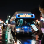 Person holding empty bus ticket looking relieved with blue Night Owl bus glow and wet pavement neon reflecting New Year