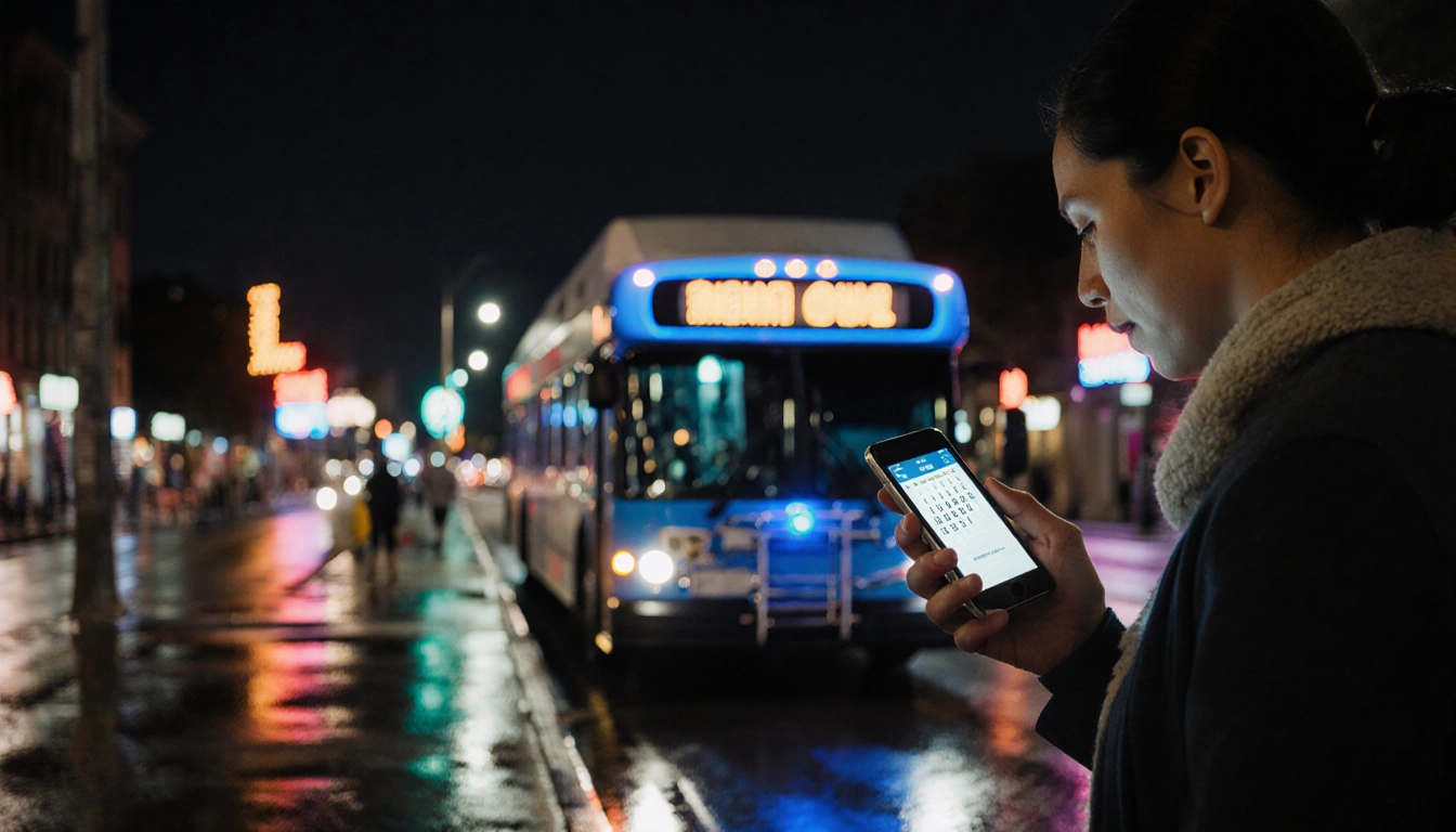 Person holding empty bus ticket looking relieved with blue Night Owl bus glow and wet pavement neon reflecting New Year