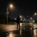Pedestrian stands confidently on improved road at Pearce Lane intersection with warm LED streetlights and wet pavement reflec