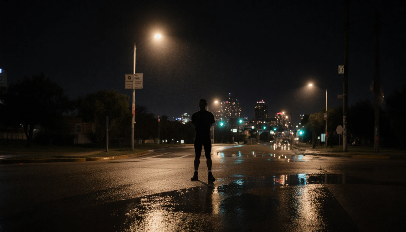Pedestrian stands confidently on improved road at Pearce Lane intersection with warm LED streetlights and wet pavement reflec