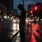 Lone figure standing near median handrail looking at phone in night with red light reflecting off wet pavement traffic lights