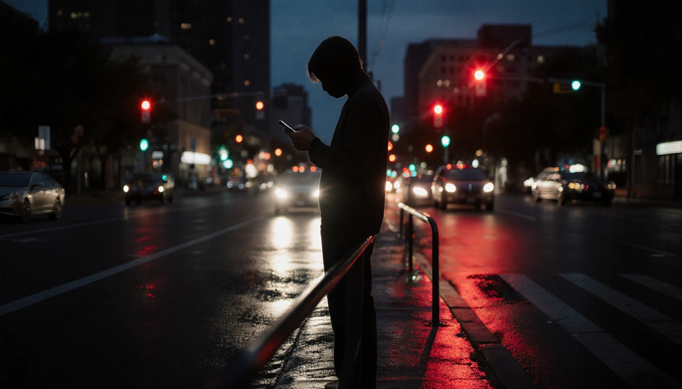 Lone figure standing near median handrail looking at phone in night with red light reflecting off wet pavement traffic lights
