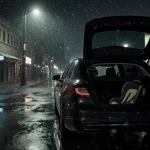 Parked car opens trunk revealing baby car seat with streetlamp glow and snowflakes falling over dim downtown Austin at night.