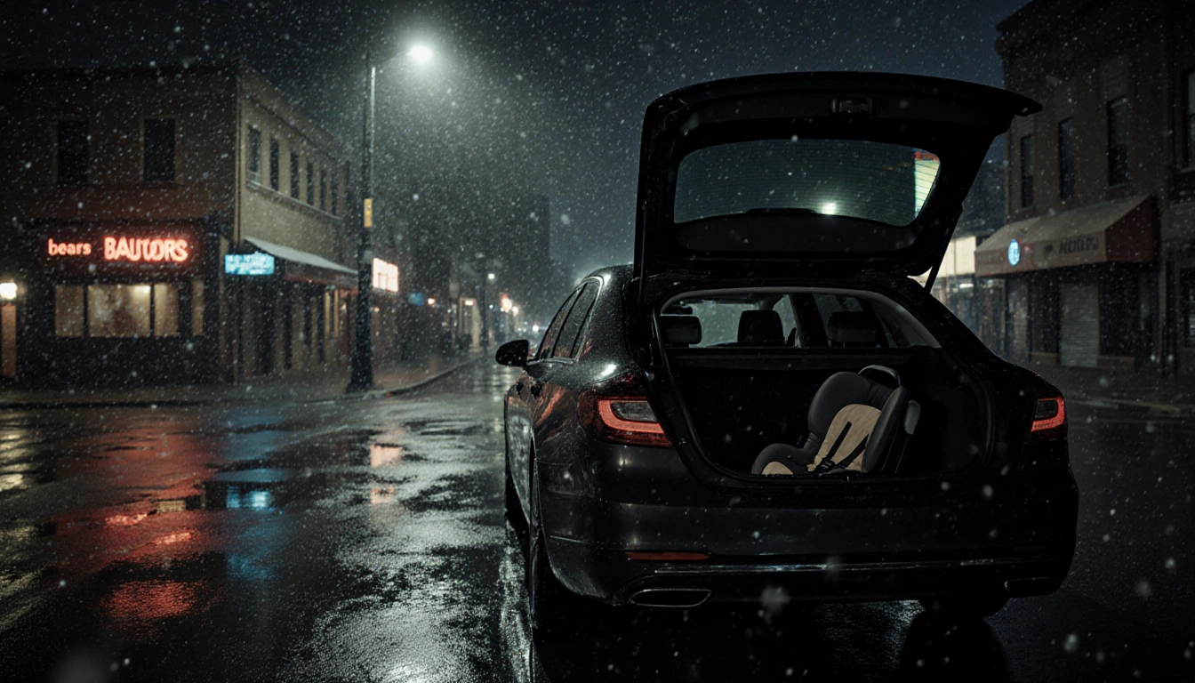 Parked car opens trunk revealing baby car seat with streetlamp glow and snowflakes falling over dim downtown Austin at night.