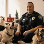 Police pet therapy officer sits on couch with Australian Shepherd and Labrador dogs lounging and holiday lights nearby