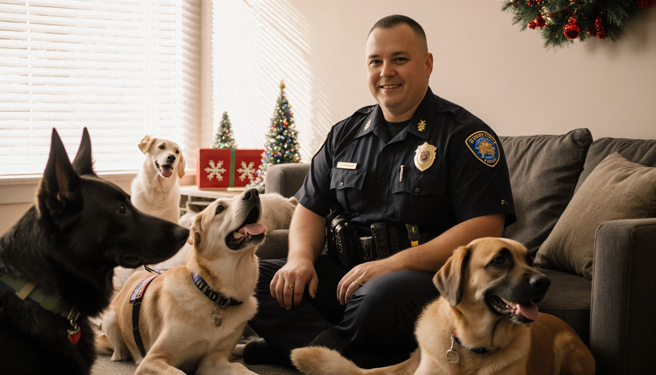 Police pet therapy officer sits on couch with Australian Shepherd and Labrador dogs lounging and holiday lights nearby