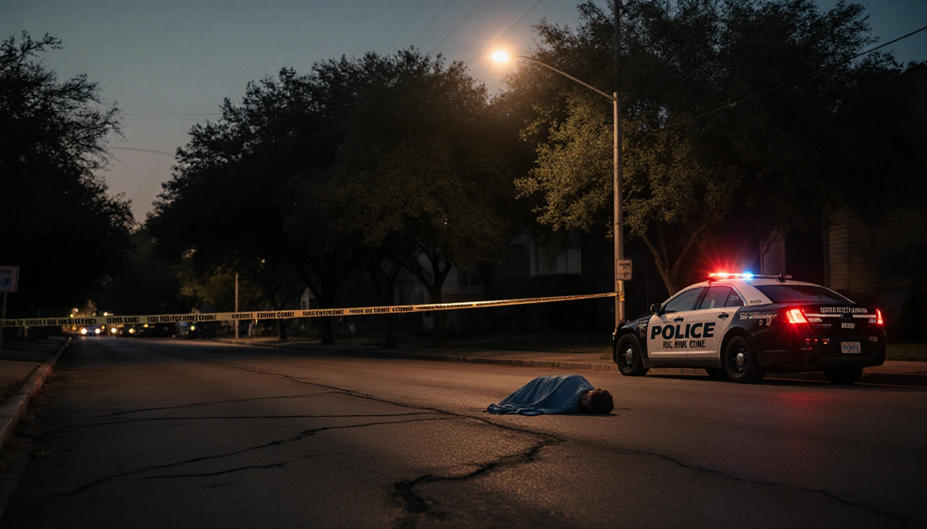 Victim lying on cracked asphalt with police cruiser flashing lights and crime scene tape nearby