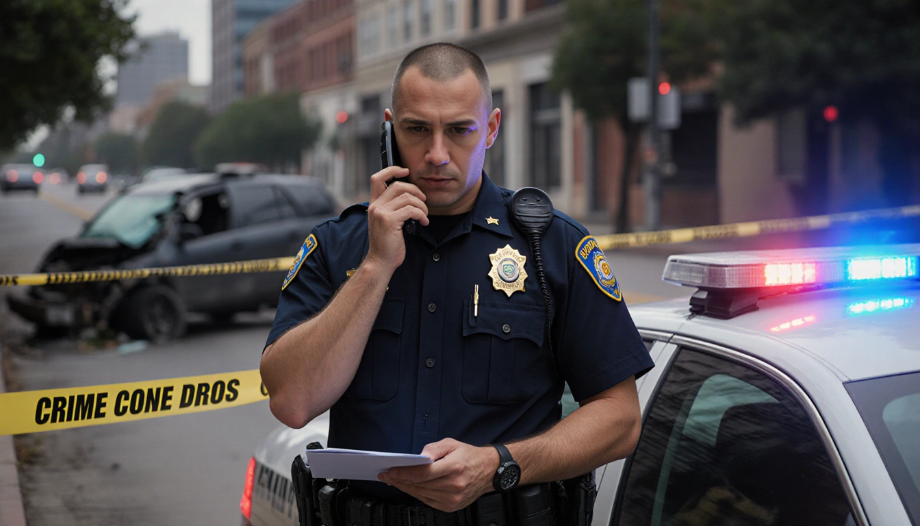 Austin Police officer speaking into radio with notepad beside flashing police vehicle and crime scene tape in background