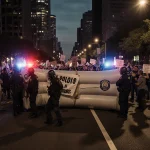 Protesters holding signs with inflatable roadblock and flashing police lights in a tense downtown street