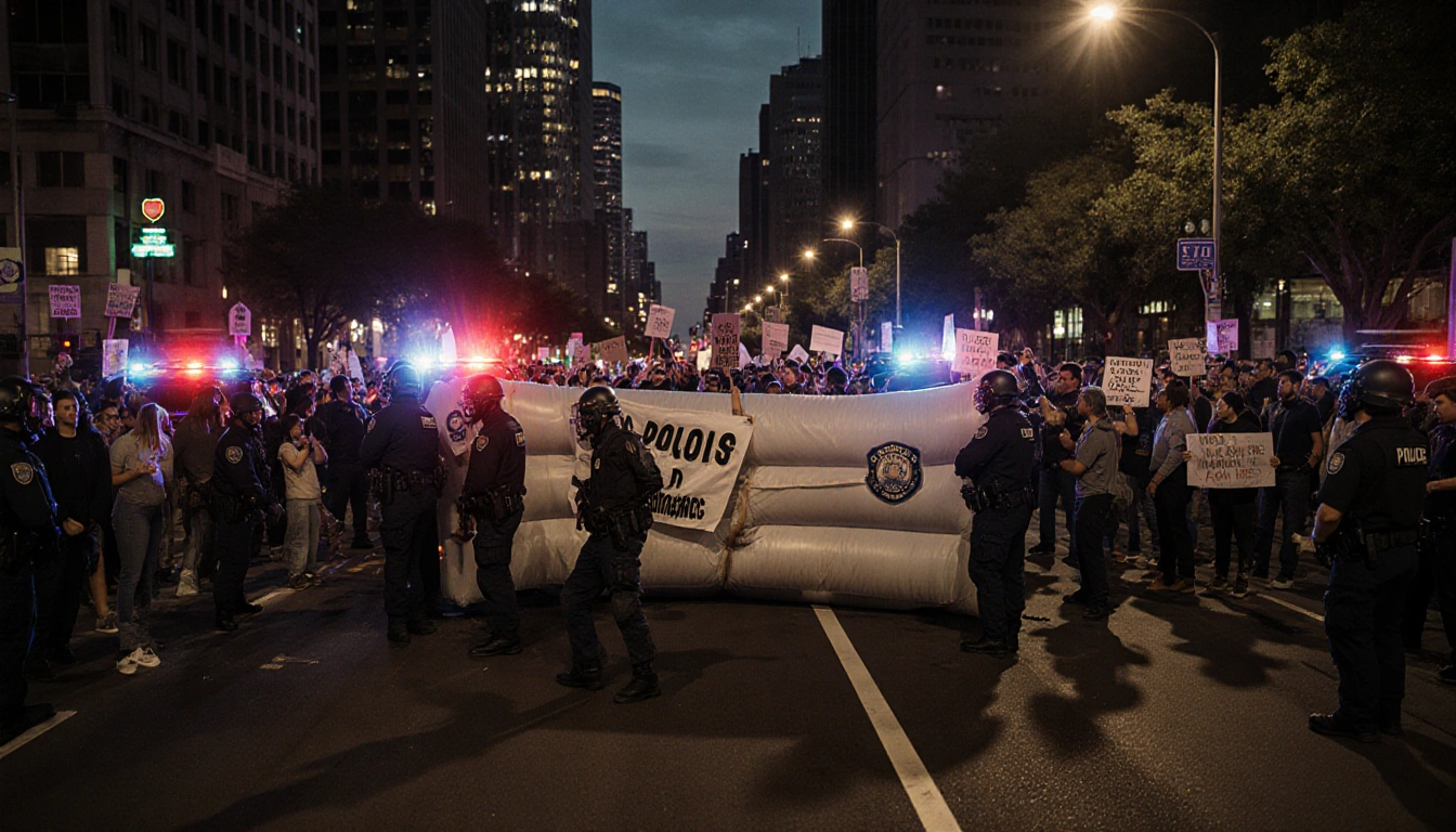 Protesters holding signs with inflatable roadblock and flashing police lights in a tense downtown street