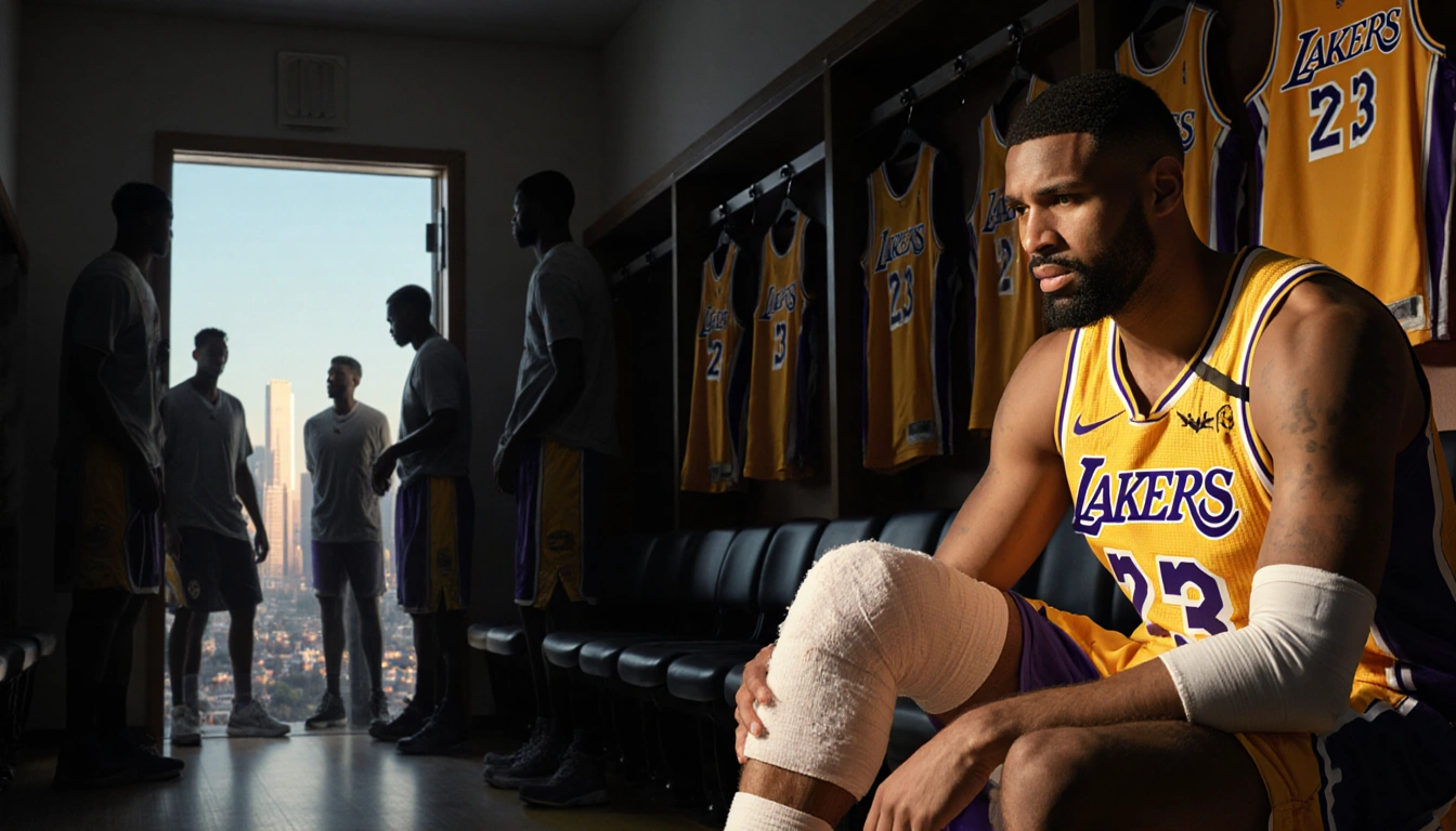 Austin Reaves sits on the Lakers bench with a bandaged calf while teammates watch in a dim locker room with LA skyline