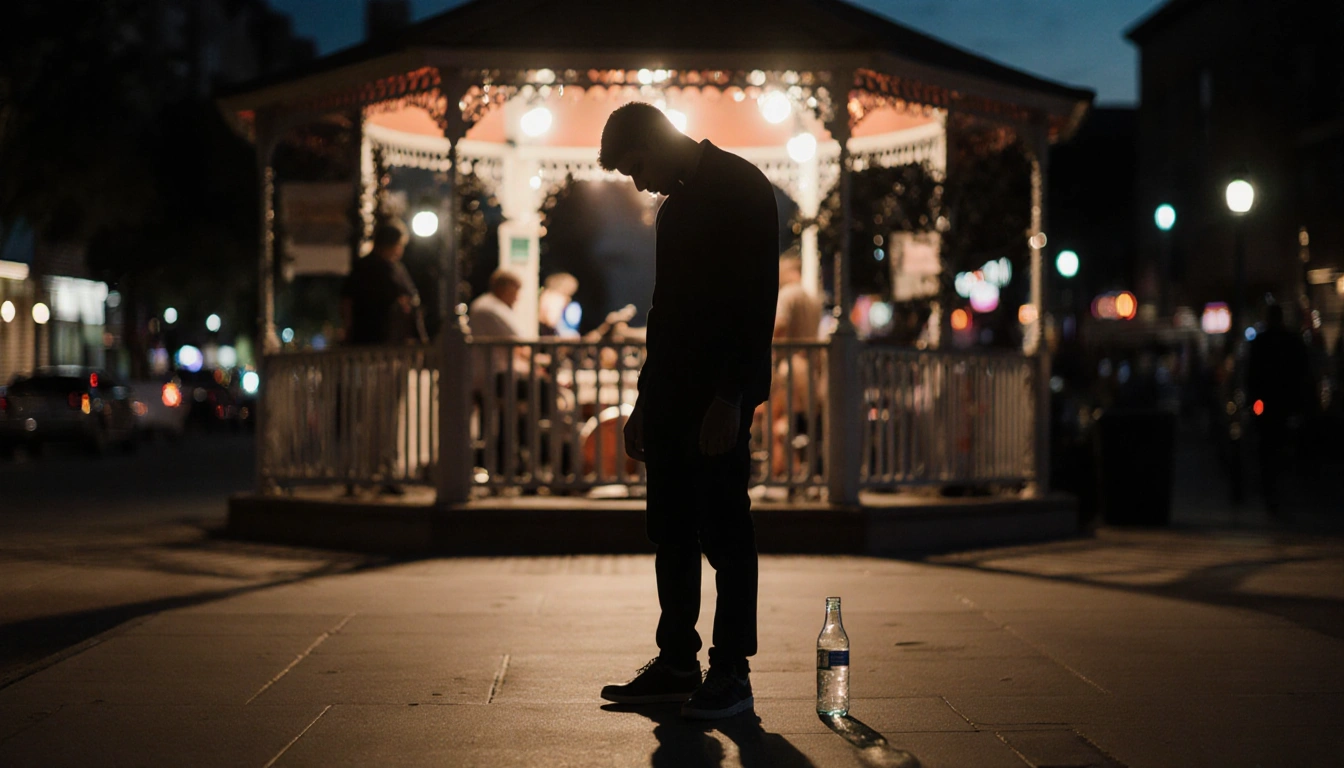 Young man standing with head bowed under dim gazebo and empty bottle against blurred Sixth Street lights