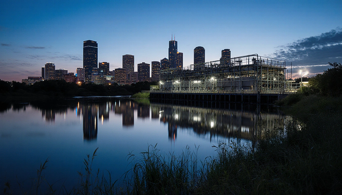 Water treatment facility standing in foreground with Austin skyline reflected in dark blue lake and vegetation indicating flo