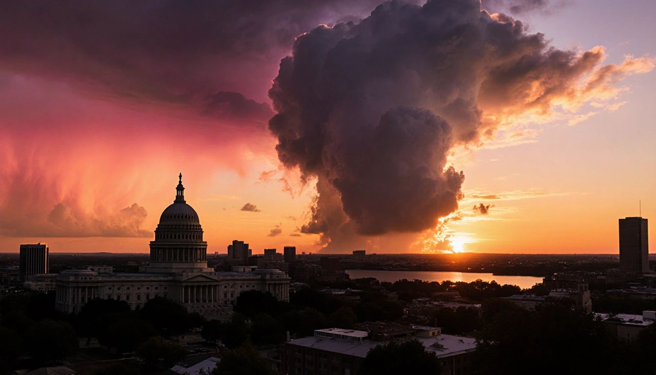 Sunset lights up Austin skyline with Texas Capitol in foreground and dark storm cloud over Lake Travis