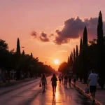 People strolling along Austin street with ice cream cones under orange dusk sky