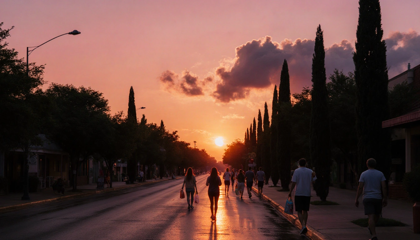 People strolling along Austin street with ice cream cones under orange dusk sky