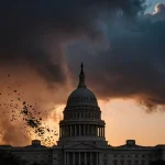 Capitol building in Austin looming over a sunset sky with swirling leaves and distant thunderheads