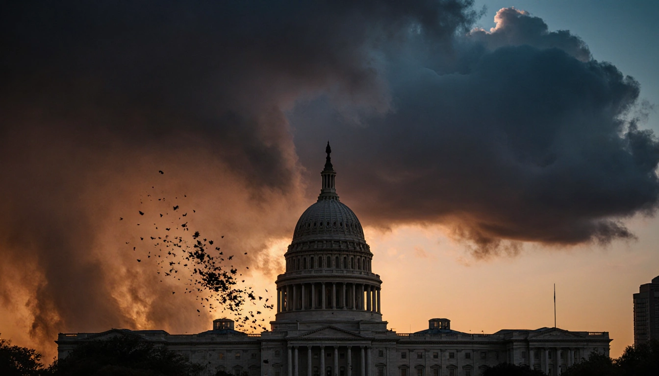 Capitol building in Austin looming over a sunset sky with swirling leaves and distant thunderheads