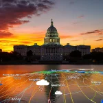 Austin skyline at sunset with Texas State Capitol glowing and a weather map overlay indicating heat waves and storms