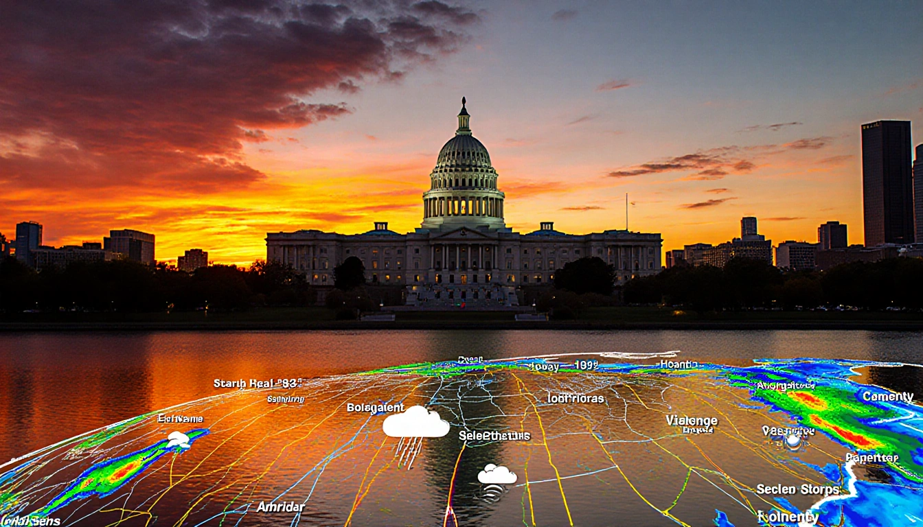 Austin skyline at sunset with Texas State Capitol glowing and a weather map overlay indicating heat waves and storms
