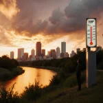Lone figure standing by the Colorado River looking up at a fiery sunset with Austin skyline and a 109° weather gauge nearby