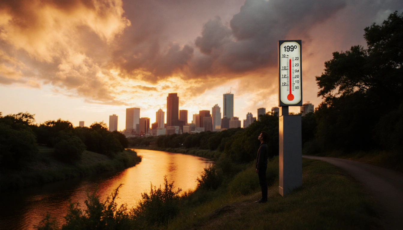 Lone figure standing by the Colorado River looking up at a fiery sunset with Austin skyline and a 109° weather gauge nearby