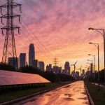 Austin skyline glows with sunset hues as a utility line stretches overhead and solar panels light up below