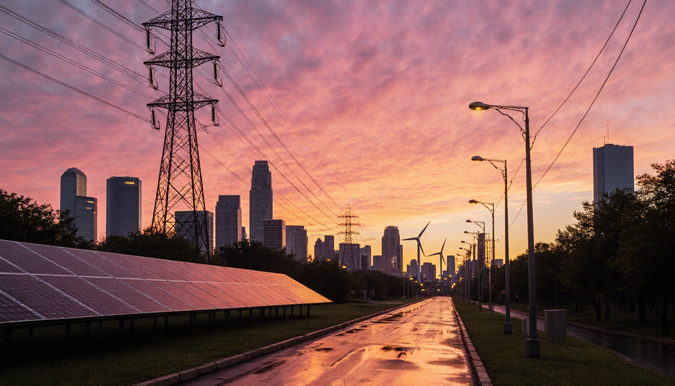 Austin skyline glows with sunset hues as a utility line stretches overhead and solar panels light up below