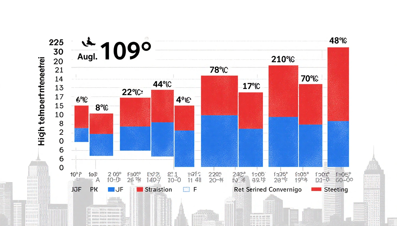 Temperature chart shows daily highs with red and blue bars and bold 109° on Aug 21 beside subtle Austin skyline