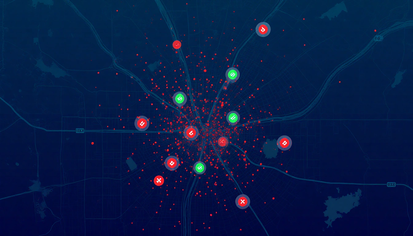 Stylized Austin map illustrating traffic fatalities with blue gradient and animated dots revealing incident details overlay