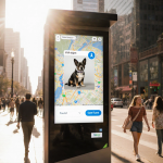 Kiosk displays city map and found pet photo with icon on downtown Austin street with pedestrians and warm light