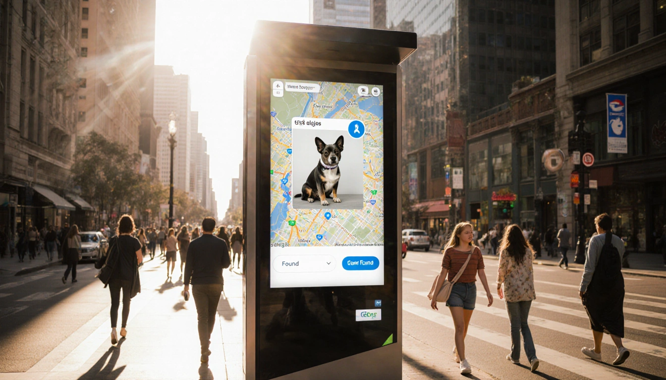 Kiosk displays city map and found pet photo with icon on downtown Austin street with pedestrians and warm light