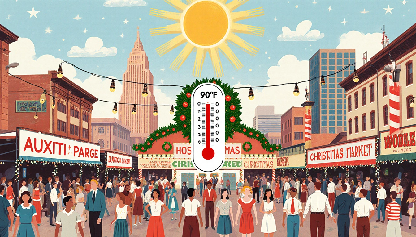 Crowds gather at an Austin Christmas market with a 90°F thermometer and vintage lights.