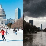 Austin split-screen shows sunny December day with people ice skating near the Capitol and heavy rain flooding the street