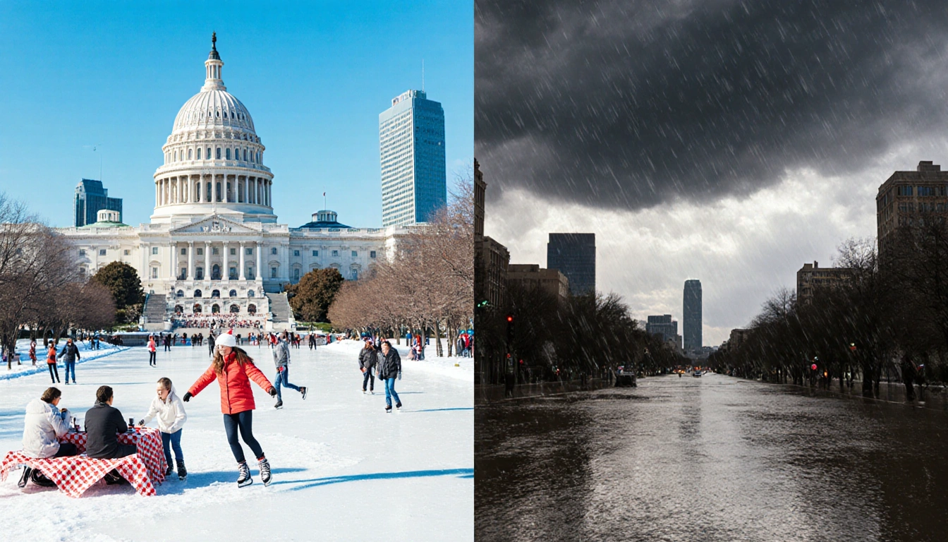 Austin split-screen shows sunny December day with people ice skating near the Capitol and heavy rain flooding the street