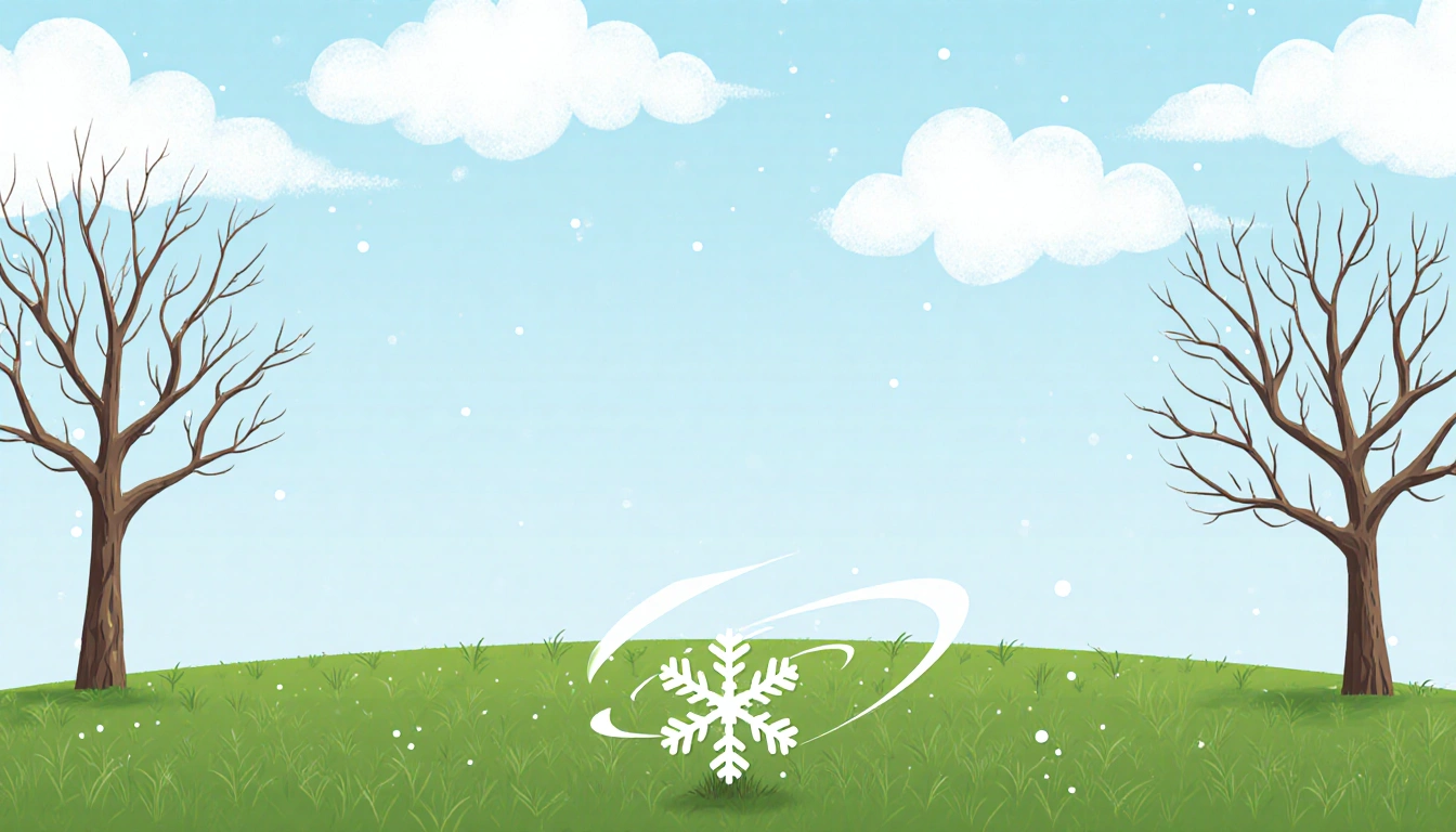 Faint snowflake drifts with gentle swirling motion over green grass in light blue sky near Austin weather map