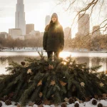 Woman standing among Christmas tree branches and pinecones with Austin skyline and Lady Bird reflecting in the background
